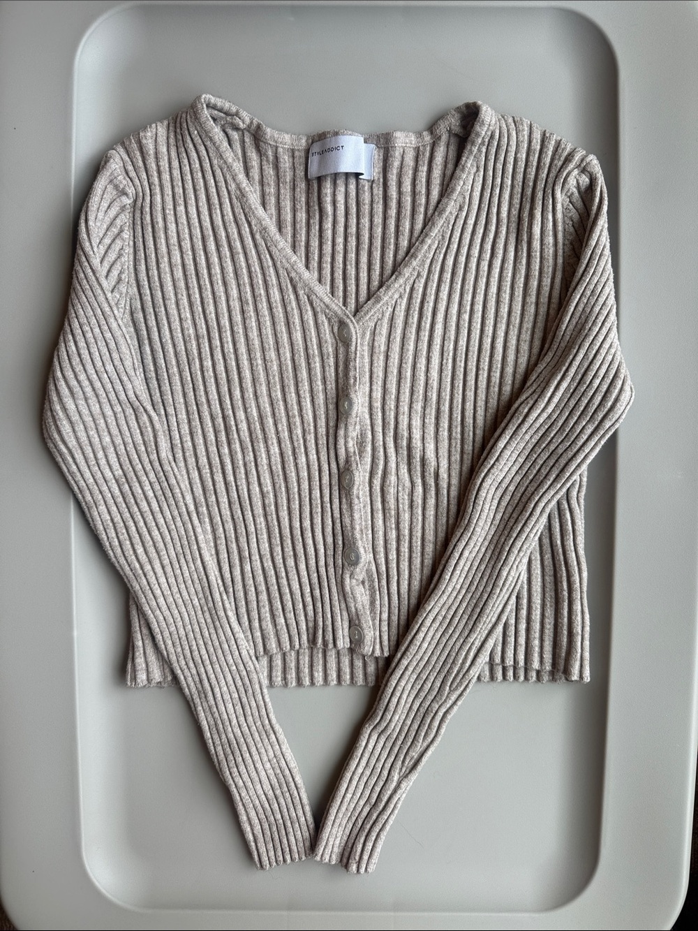 Textured Ribbed V-Neck Button Cardigan in Light Beige